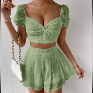 New Green Swiss Dot Crop Skirt Set Summer Cute Corset Puff Sleeve Twist Tie